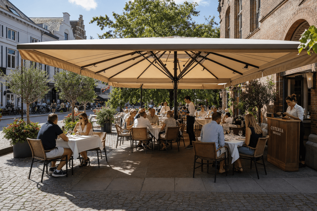 Hoeveel zitplaatsen kun je comfortabel overkappen met een horeca parasol 5×5 en welke opstelling werkt het beste voor je terras?