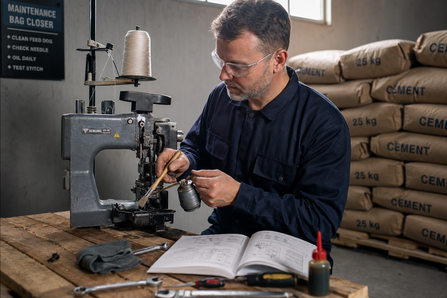 Onderhoud van zakkennaaimachine
