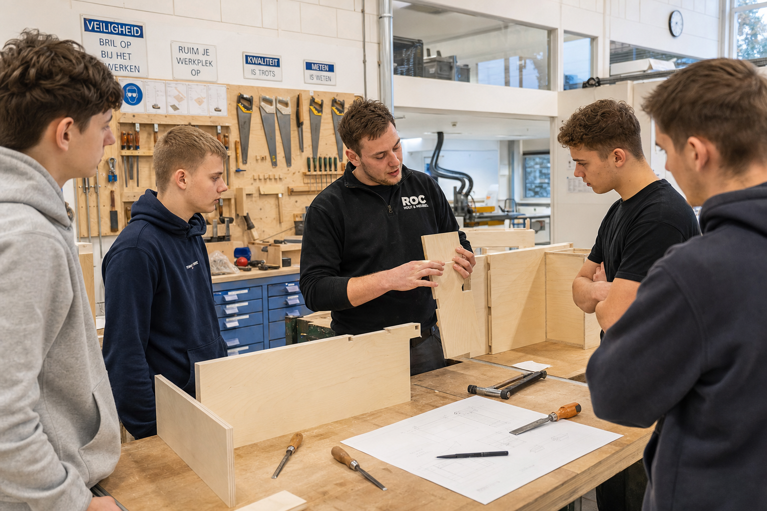 Interieurbouwer werkend aan schoolinrichting
